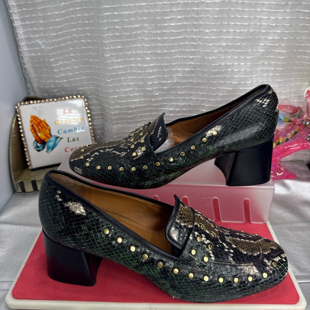 (E4)TORY BURCH Snakeskin loafers with studs and square heel, 9.5,made in Italy
